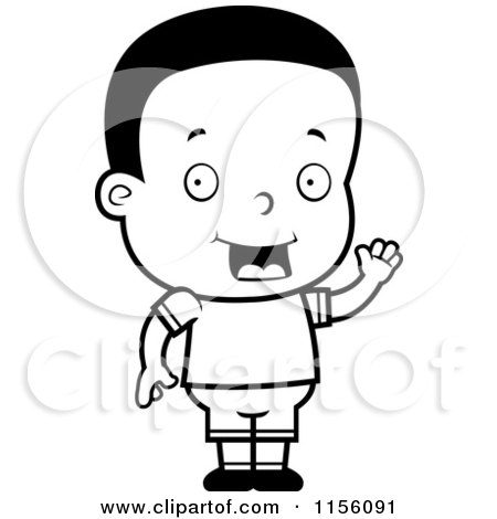 Cartoon Clipart Of A Black And White Waving Black Toddler Boy - Vector Outlined Coloring Page by Cory Thoman