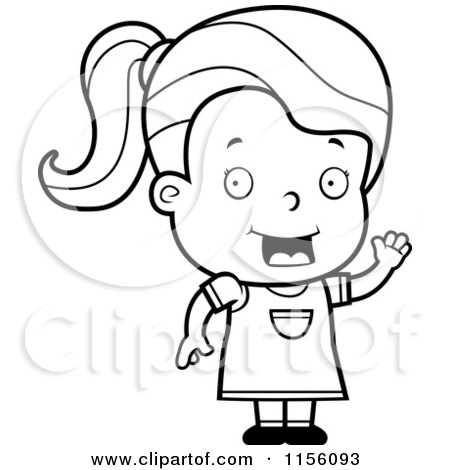 Cartoon Clipart Of A Black And White Girl Waving and Smiling - Vector Outlined Coloring Page by Cory Thoman