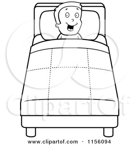 Cartoon Clipart Of A Black And White Happy Boy in Bed - Vector Outlined Coloring Page by Cory Thoman