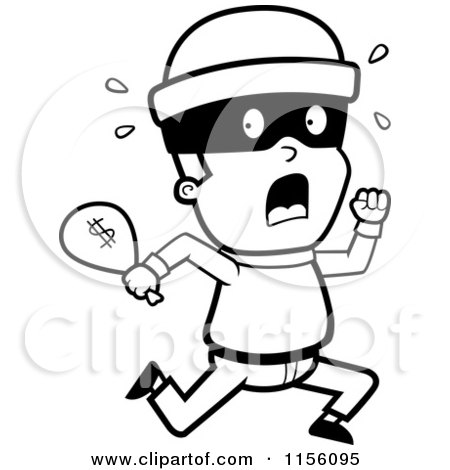 Cartoon Clipart Of A Black And White Running Burglar with a Bag of Cash - Vector Outlined Coloring Page by Cory Thoman
