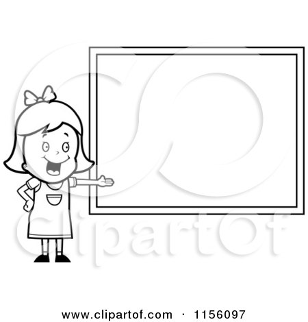 Cartoon Clipart Of A Black And White White School Girl Presenting a Blank Chalkboard - Vector Outlined Coloring Page by Cory Thoman