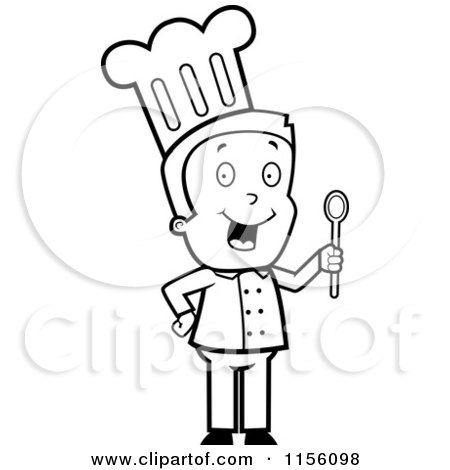 Cartoon Clipart Of A Black And White Toon Guy Chef Character Holding a Spoon - Vector Outlined Coloring Page by Cory Thoman