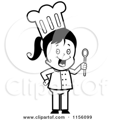 Cartoon Clipart Of A Black And White Chef Girl Holding a Spoon - Vector Outlined Coloring Page by Cory Thoman