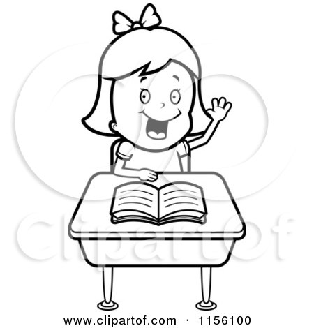 Cartoon Clipart Of A Black And White Girl Raising Her Hand at Her Desk - Vector Outlined Coloring Page by Cory Thoman