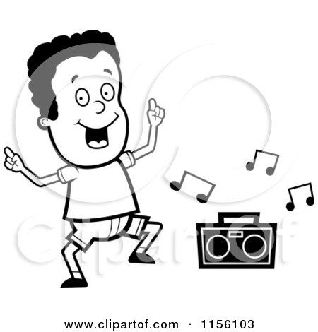 Cartoon Clipart Of A Black And White Dancing African American Boy Character with a Boom Box - Vector Outlined Coloring Page by Cory Thoman