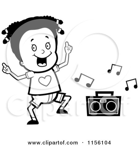 Cartoon Clipart Of A Black And White Black Girl Dancing to Music - Vector Outlined Coloring Page by Cory Thoman