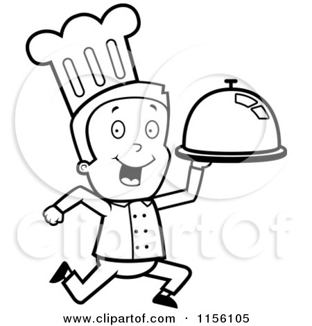 Cartoon Clipart Of A Black And White Toon Guy Chef Character Running with a Platter - Vector Outlined Coloring Page by Cory Thoman