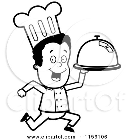 Cartoon Clipart Of A Black And White Black Chef Man Running with a Platter - Vector Outlined Coloring Page by Cory Thoman