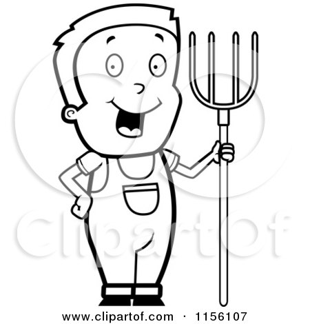 Cartoon Clipart Of A Black And White Farmer Boy with a Pitchfork - Vector Outlined Coloring Page by Cory Thoman