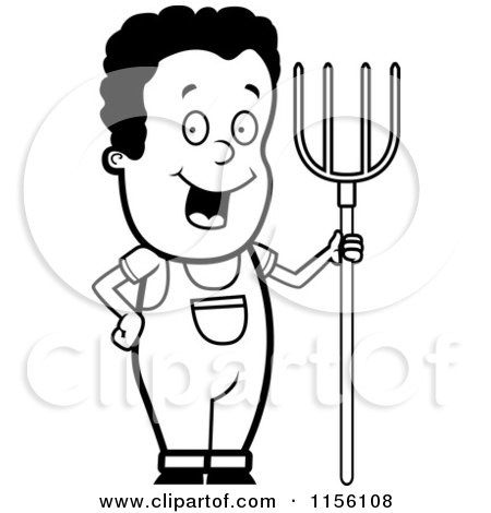 Cartoon Clipart Of A Black And White Happy Black Farmer Boy with a Pitchfork - Vector Outlined Coloring Page by Cory Thoman