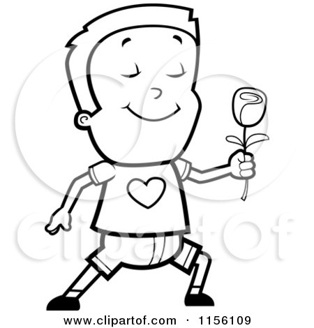 Cartoon Clipart Of A Black And White Sweet Caucasian Boy Character Holding a Rose - Vector Outlined Coloring Page by Cory Thoman
