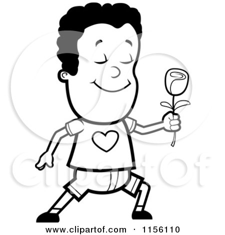 Cartoon Clipart Of A Black And White Sweet Little Boy Presenting a Rose - Vector Outlined Coloring Page by Cory Thoman