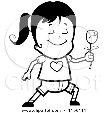Cartoon Clipart Of A Black And White Sweet Girl Holding out a Rose - Vector Outlined Coloring Page by Cory Thoman
