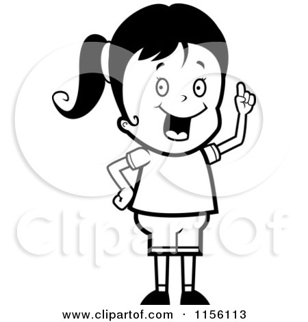Cartoon Clipart Of A Black And White Girl with an Idea - Vector Outlined Coloring Page by Cory Thoman