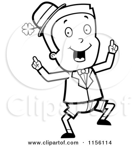 Cartoon Clipart Of A Black And White Happy Dancing Irish Leprechaun Boy - Vector Outlined Coloring Page by Cory Thoman