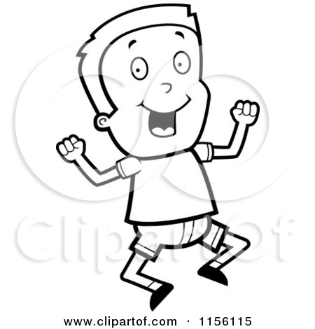 Cartoon Clipart Of A Black And White Jumping Boy - Vector Outlined Coloring Page by Cory Thoman
