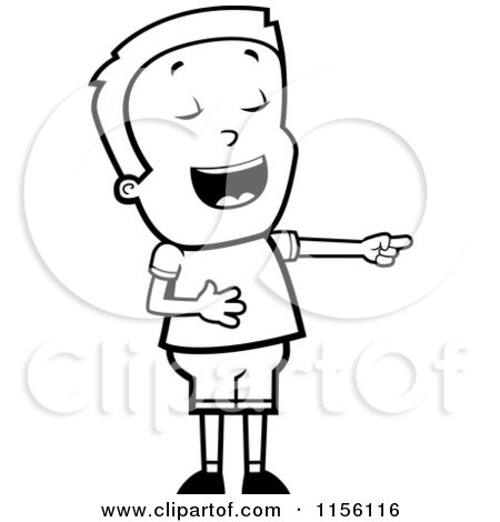 Cartoon Clipart Of A Black And White Caucasian Boy Laughing and Pointing - Vector Outlined Coloring Page by Cory Thoman