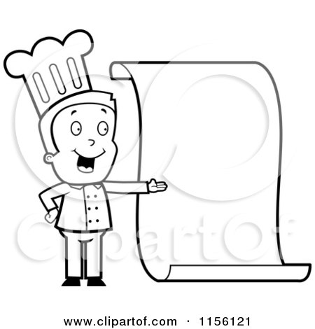 Cartoon Clipart Of A Black And White Chef Presenting a Blank Menu - Vector Outlined Coloring Page by Cory Thoman