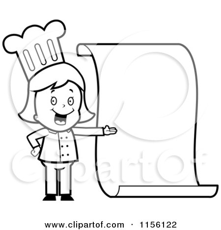Cartoon Clipart Of A Black And White Chef Girl Presenting a Blank Menu - Vector Outlined Coloring Page by Cory Thoman