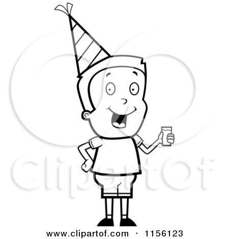 Cartoon Clipart Of A Black And White Caucasian Boy Character Wearing a Party Hat and Drinking Punch - Vector Outlined Coloring Page by Cory Thoman
