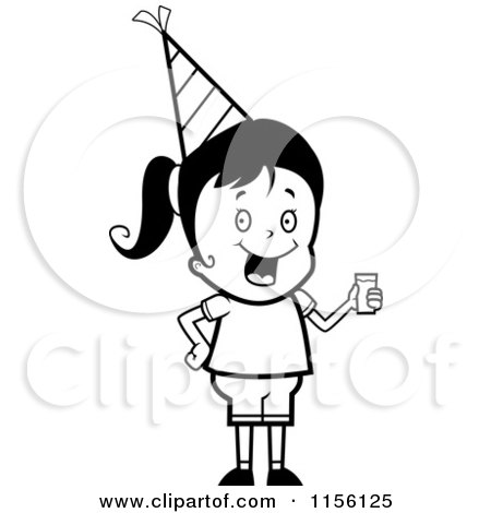 Cartoon Clipart Of A Black And White Cute Birthday Girl Wearing a Hat and Holding Punch - Vector Outlined Coloring Page by Cory Thoman