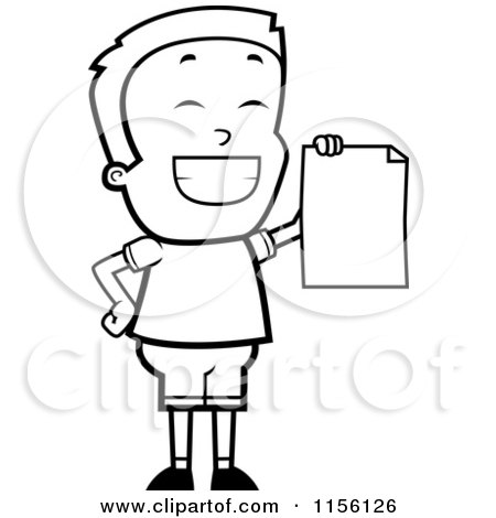 Cartoon Clipart Of A Black And White Grinning Little Boy Holding up a Blank Report Card - Vector Outlined Coloring Page by Cory Thoman
