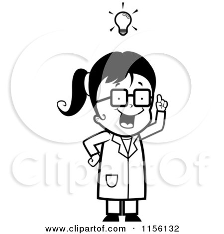 Cartoon Clipart Of A Black And White Creative Scientist Girl with an Idea - Vector Outlined Coloring Page by Cory Thoman