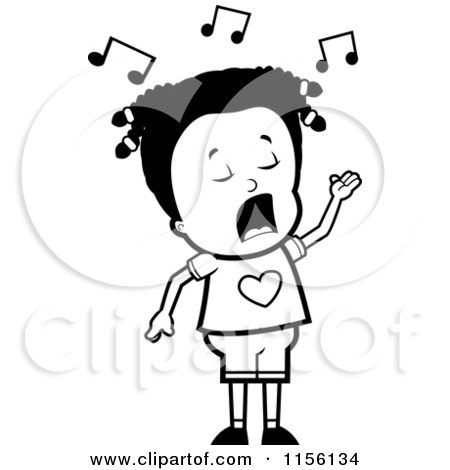 Cartoon Clipart Of A Black And White Cute Black Girl Singing - Vector Outlined Coloring Page by Cory Thoman