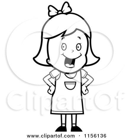 Cartoon Clipart Of A Black And White Happy Caucasian Girl Character with Her Hands on Her Hips - Vector Outlined Coloring Page by Cory Thoman