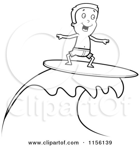 Cartoon Clipart Of A Black And White Happy Boy Surfing and Riding a Wave - Vector Outlined Coloring Page by Cory Thoman