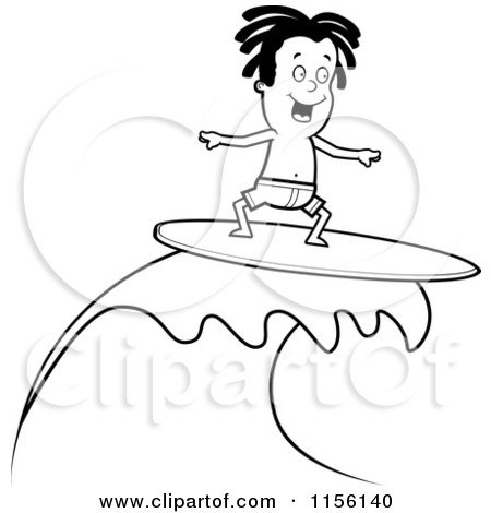 Cartoon Clipart Of A Black And White Surfer Dude Riding a Wave - Vector Outlined Coloring Page by Cory Thoman