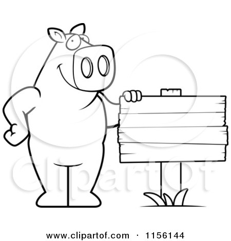 Cartoon Clipart Of A Black And White Pig Standing Beside a Blank Wood Sign - Vector Outlined Coloring Page by Cory Thoman