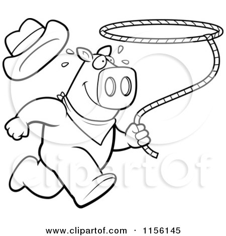 Cartoon Clipart Of A Black And White Rodeo Pig Running with a Lasso - Vector Outlined Coloring Page by Cory Thoman