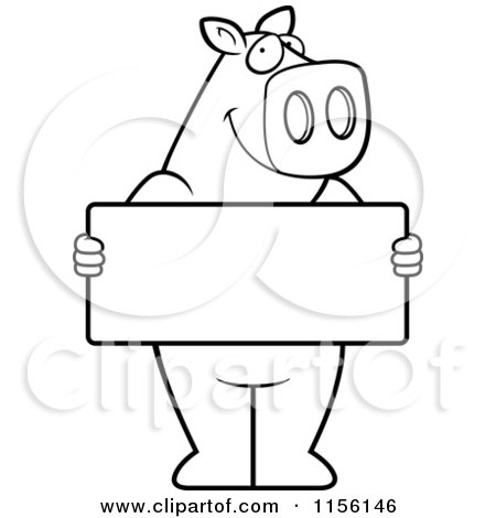 Cartoon Clipart Of A Black And White Pig Standing Upright and Holding a Blank Sign Board - Vector Outlined Coloring Page by Cory Thoman