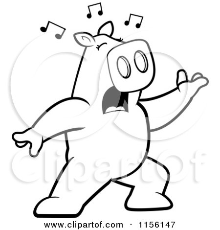 Cartoon Clipart Of A Black And White Pig Singing and Lunging Forward - Vector Outlined Coloring Page by Cory Thoman
