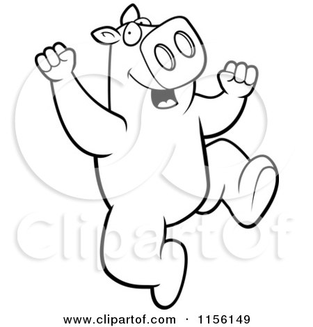 Cartoon Clipart Of A Black And White Pig Character Jumping - Vector Outlined Coloring Page by Cory Thoman