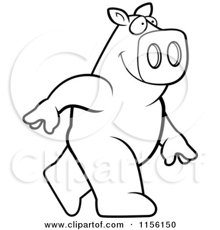 Cartoon Clipart Of A Black And White Pig Walking Upright - Vector Outlined Coloring Page by Cory Thoman