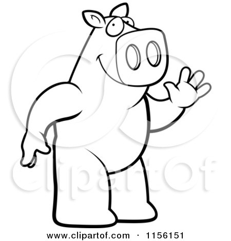 Cartoon Clipart Of A Black And White Friendly Pig Standing on His Hind Legs and Waving - Vector Outlined Coloring Page by Cory Thoman