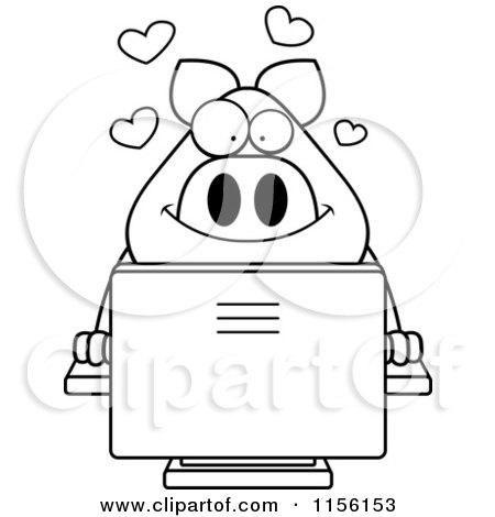 Cartoon Clipart Of A Black And White Pig Using a Desktop Computer - Vector Outlined Coloring Page by Cory Thoman