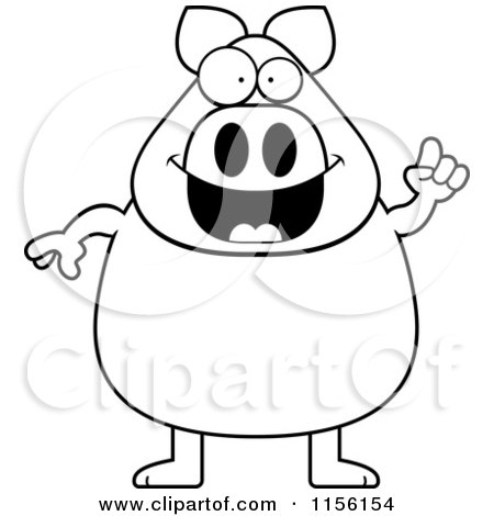 Cartoon Clipart Of A Black And White Chubby Pig with an Idea - Vector Outlined Coloring Page by Cory Thoman