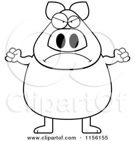 Cartoon Clipart Of A Black And White Mad Pig - Vector Outlined Coloring Page by Cory Thoman