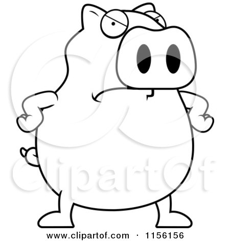 Cartoon Clipart Of A Black And White Chubby Pig with an Angry Expression - Vector Outlined Coloring Page by Cory Thoman