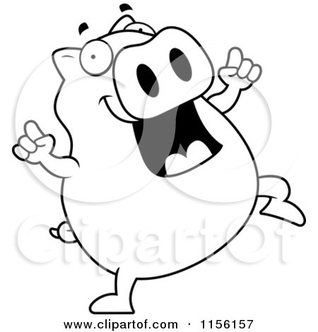 Cartoon Clipart Of A Black And White Pig Doing a Happy Dance - Vector Outlined Coloring Page by Cory Thoman