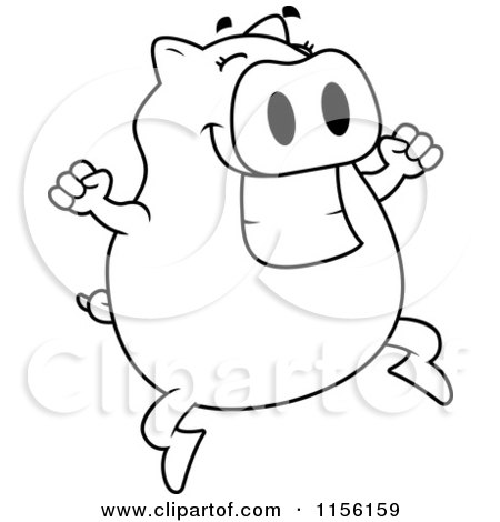 Cartoon Clipart Of A Black And White Pig Jumping - Vector Outlined Coloring Page by Cory Thoman