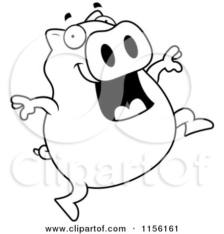 Cartoon Clipart Of A Black And White Happy Pig Jumping - Vector Outlined Coloring Page by Cory Thoman