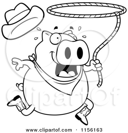 Cartoon Clipart Of A Black And White Rodeo Pig Swinging a Lasso - Vector Outlined Coloring Page by Cory Thoman