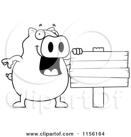 Cartoon Clipart Of A Black And White Happy Pig by a Blank Sign - Vector Outlined Coloring Page by Cory Thoman