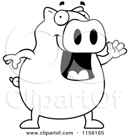 Cartoon Clipart Of A Black And White Pig Waving - Vector Outlined Coloring Page by Cory Thoman