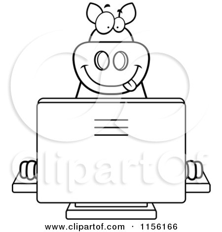 Cartoon Clipart Of A Black And White Big Pig Using a Computer - Vector Outlined Coloring Page by Cory Thoman