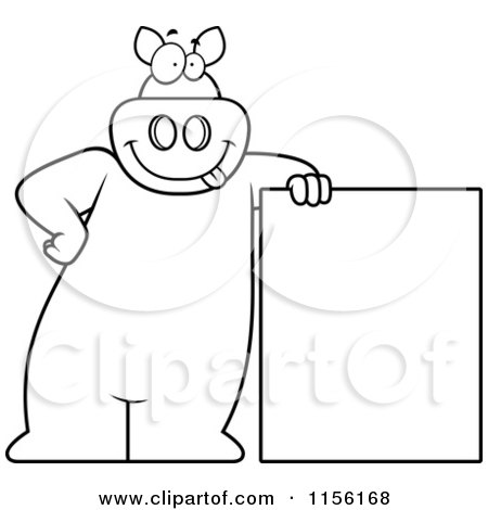 Cartoon Clipart Of A Black And White Pig Leaning On A Sign - Vector Outlined Coloring Page by Cory Thoman